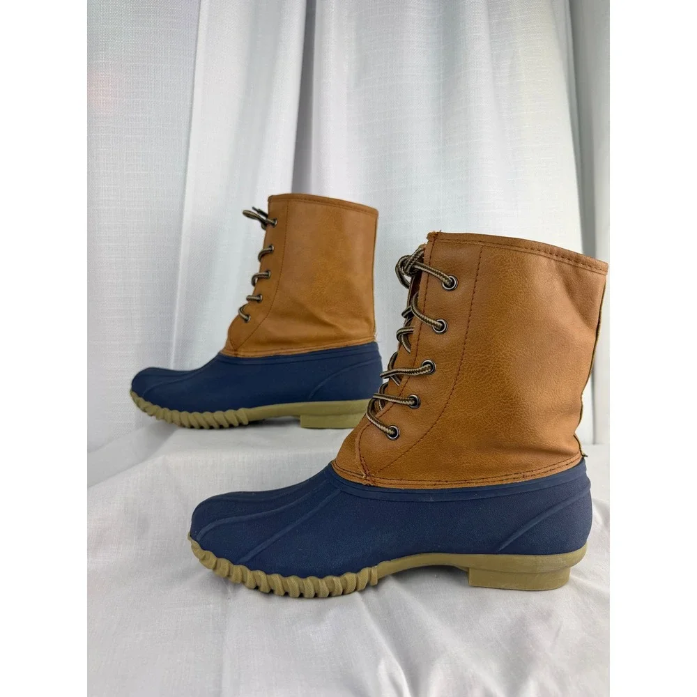 Blue Suede Shoes Womens Navy Tan Duck Boots Floral Lined Rain Snow Size 9